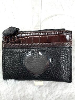Brighton Two Tone Leather Coin Heart  ID Card Holder Zip Top NWOT